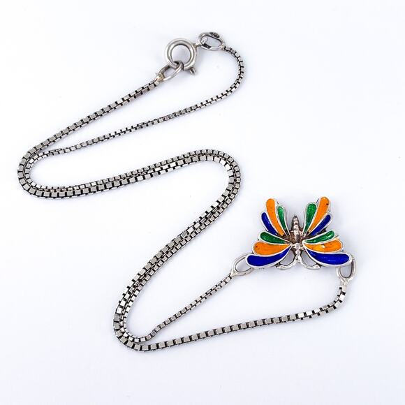 Estate Italy Sterling Silver 925 Enamel Butterfly Pendant Necklace 15.5” - Picture 3 of 5
